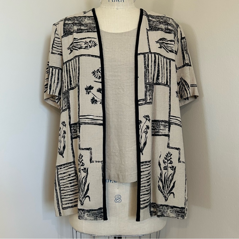 VTG 90s Linen Blend Graphic Blouse Taupe Black Michael Blake Sz L